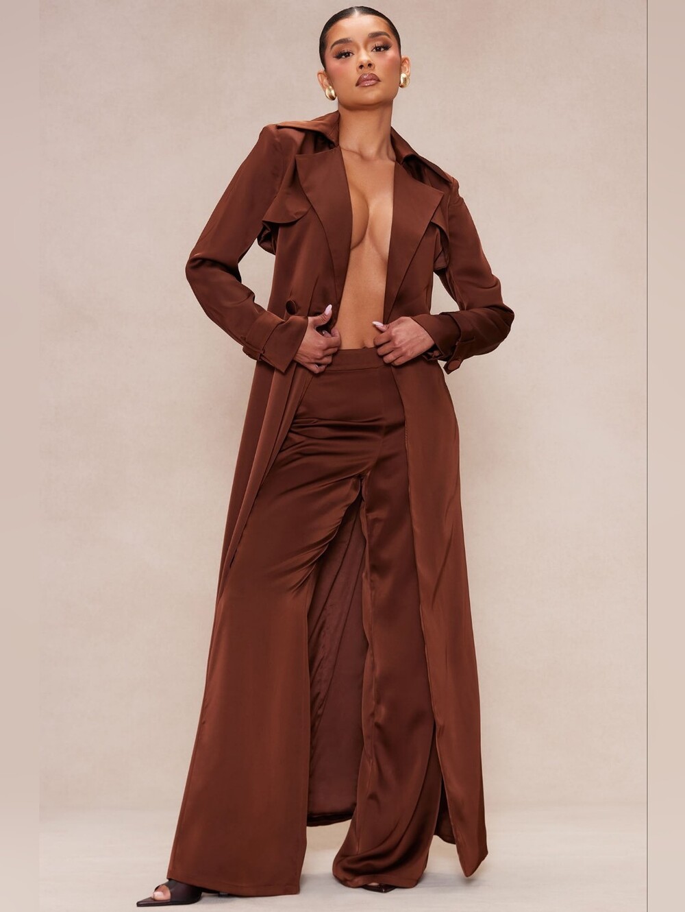 Nova Luxe Chocolate Brown Satin Trench & Wide Leg Set